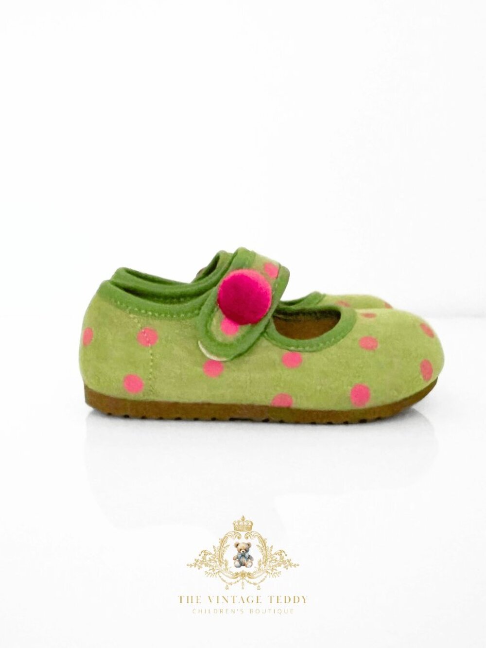 NWT Adorable Girls Flats Children's Shoes Kids Shoes Green & Pink Polkadots 7 - Picture 2 of 4